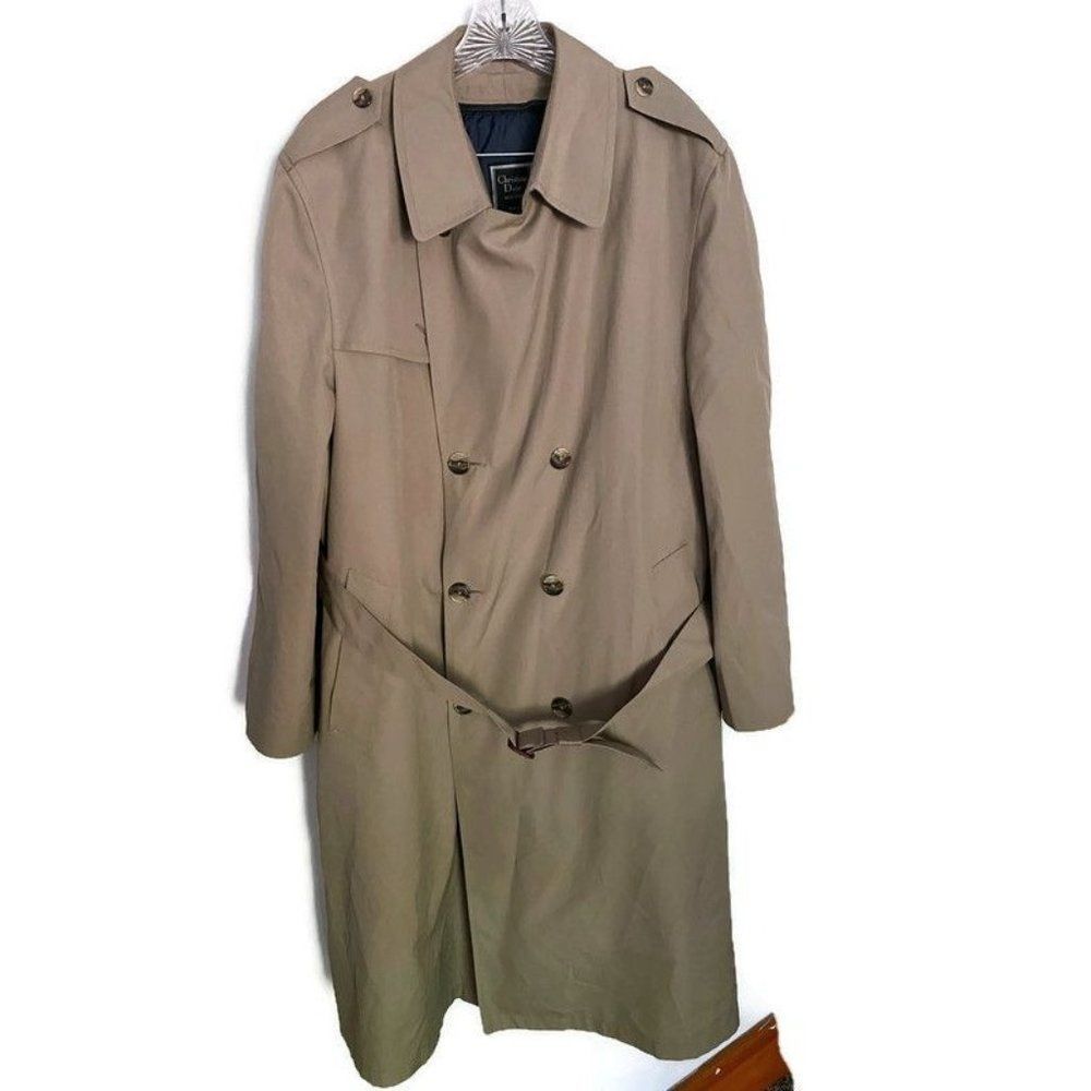 Vintage Christian Dior Monsieur Trench Coat Mens 42R Double Breasted Long Sleeve
